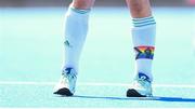 21 August 2022; A detailed view of a band on the socks worn by Katie Mullan of Ireland during the Women's 2022 EuroHockey Championship Qualifier match between Ireland and Turkey at Sport Ireland Campus in Dublin. Photo by Stephen McCarthy/Sportsfile