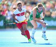21 August 2022; Katie Mullan of Ireland in action against Kubra Guzelal of Turkey during the Women's 2022 EuroHockey Championship Qualifier match between Ireland and Turkey at Sport Ireland Campus in Dublin. Photo by Stephen McCarthy/Sportsfile