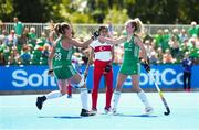 21 August 2022; Niamh Carey, right, of Ireland is congratulated by team-mate Deirdre Duke after scoring their side's fourth goal during the Women's 2022 EuroHockey Championship Qualifier match between Ireland and Turkey at Sport Ireland Campus in Dublin. Photo by Stephen McCarthy/Sportsfile
