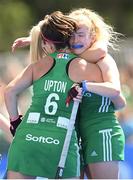 21 August 2022; Niamh Carey, right, is congratulated by Ireland team-mates, including Róisín Upton, after scoring their side's opening goal during the Women's 2022 EuroHockey Championship Qualifier match between Ireland and Turkey at Sport Ireland Campus in Dublin. Photo by Stephen McCarthy/Sportsfile