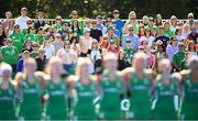 21 August 2022; Ireland supporters and players stand for the playing of Ireland's Call before the Women's 2022 EuroHockey Championship Qualifier match between Ireland and Turkey at Sport Ireland Campus in Dublin. Photo by Stephen McCarthy/Sportsfile
