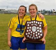 20 August 2022; Carrie Pedley, right, and Eimear O'Herlihy of Terenure Rangers celebrate after the FAI Women's Intermediate Shield Final 2022 match between Terenure Rangers and Corrib Celtic FC at Leah Victoria Park in Tullamore, Offaly. Photo by Ray McManus/Sportsfile