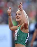21 August 2022; Sarah Lavin of Ireland reacts after finishing third in Heat 2 of the Women's 100m Hurdles Semi Final during day 11 of the European Championships 2022 at the Olympiastadion in Munich, Germany. Photo by Ben McShane/Sportsfile
