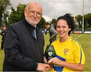 20 August 2022; Fran Gavin, FAI Data Registrations & Competitions Manager presents the Player of the Match Award to Leeann Payne of Terenure Rangers after the FAI Women's Intermediate Shield Final 2022 match between Terenure Rangers and Corrib Celtic FC at Leah Victoria Park in Tullamore, Offaly. Photo by Ray McManus/Sportsfile
