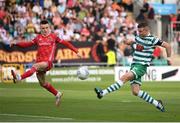21 August 2022; Ronan Finn of Shamrock Rovers in action against Darragh Leahy of Dundalk during the SSE Airtricity League Premier Division match between Shamrock Rovers and Dundalk at Tallaght Stadium in Dublin. Photo by Stephen McCarthy/Sportsfile