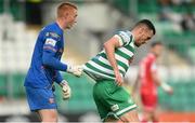 21 August 2022; Aaron Greene of Shamrock Rovers has his jersey pulled by Dundalk goalkeeper Nathan Shepperd during the SSE Airtricity League Premier Division match between Shamrock Rovers and Dundalk at Tallaght Stadium in Dublin. Photo by Stephen McCarthy/Sportsfile