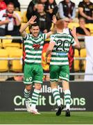 21 August 2022; Aaron Greene of Shamrock Rovers celebrates with team-mate Rory Gaffney, right, fter scoring his side's first goal during the SSE Airtricity League Premier Division match between Shamrock Rovers and Dundalk at Tallaght Stadium in Dublin. Photo by Stephen McCarthy/Sportsfile