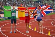 21 August 2022; Mark English of Ireland, left, who won bronze, with Mariano Garcia of Spain, centre, who won gold, and Jake Wightman of Great Britain, who won silver, after the Men's 800m Final during day 11 of the European Championships 2022 at the Olympiastadion in Munich, Germany. Photo by Ben McShane/Sportsfile