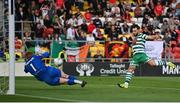 21 August 2022; Richie Towell of Shamrock Rovers shoots to score his side's second goal past Dundalk goalkeeper Nathan Shepperd during the SSE Airtricity League Premier Division match between Shamrock Rovers and Dundalk at Tallaght Stadium in Dublin. Photo by Stephen McCarthy/Sportsfile