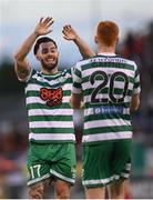 21 August 2022; Richie Towell congratulates his Shamrock Rovers team-mate Rory Gaffney on scoring their side's third goal during the SSE Airtricity League Premier Division match between Shamrock Rovers and Dundalk at Tallaght Stadium in Dublin. Photo by Stephen McCarthy/Sportsfile