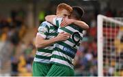 21 August 2022; Rory Gaffney of Shamrock Rovers is congratulated by team-mate Aaron Greene, right, after scoring their side's third goal during the SSE Airtricity League Premier Division match between Shamrock Rovers and Dundalk at Tallaght Stadium in Dublin. Photo by Stephen McCarthy/Sportsfile