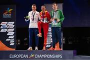 21 August 2022; Mark English of Ireland, right, who won bronze, with Mariano Garcia of Spain, centre, who won gold, and Jake Wightman of Great Britain, who won silver, during the medal ceremony following the Men's 800m Final during day 11 of the European Championships 2022 at the Olympiastadion in Munich, Germany. Photo by Ben McShane/Sportsfile