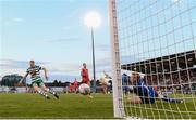 21 August 2022; Rory Gaffney of Shamrock Rovers scores his side's third goal past Dundalk goalkeeper Nathan Shepperd during the SSE Airtricity League Premier Division match between Shamrock Rovers and Dundalk at Tallaght Stadium in Dublin. Photo by Stephen McCarthy/Sportsfile