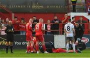 19 August 2022; Aaron O'Driscoll of Shelbourne is treated for an injury during the SSE Airtricity League Premier Division match between Shelbourne and Bohemians at Tolka Park in Dublin. Photo by Ramsey Cardy/Sportsfile