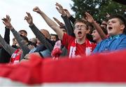 19 August 2022; Shelbourne supporters during the SSE Airtricity League Premier Division match between Shelbourne and Bohemians at Tolka Park in Dublin. Photo by Ramsey Cardy/Sportsfile
