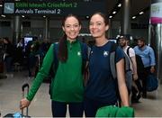 22 August 2022; Ireland athletes and twin sisters Roisin Flanagan and Eilish Flanagan arrive at Dublin Airport on the team's return from the European Championships in Munich. Photo by Harry Murphy/Sportsfile