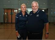 22 August 2022; Sarah Lavin of Ireland, left, pictured with Athletics Ireland President John Cronin at Dublin Airport on the team's return from the European Championships in Munich. Photo by Harry Murphy/Sportsfile