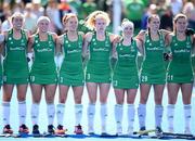 21 August 2022; Ireland players during the playing of Ireland's Call before the Women's 2022 EuroHockey Championship Qualifier match between Ireland and Turkey at Sport Ireland Campus in Dublin. Photo by Stephen McCarthy/Sportsfile