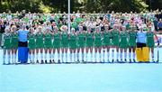 21 August 2022; Ireland players during the playing of Ireland's Call before the Women's 2022 EuroHockey Championship Qualifier match between Ireland and Turkey at Sport Ireland Campus in Dublin. Photo by Stephen McCarthy/Sportsfile