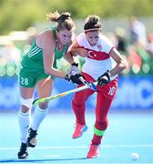 21 August 2022; Deirdre Duke of Ireland in action against Perihan Kucukkoc of Turkey during the Women's 2022 EuroHockey Championship Qualifier match between Ireland and Turkey at Sport Ireland Campus in Dublin. Photo by Stephen McCarthy/Sportsfile