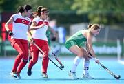 21 August 2022; Katie Mullan of Ireland in action against Fatma Songul Gultekin, left, and Merve Aslan of Turkey during the Women's 2022 EuroHockey Championship Qualifier match between Ireland and Turkey at Sport Ireland Campus in Dublin. Photo by Stephen McCarthy/Sportsfile