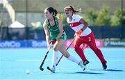 21 August 2022; Katie McKee of Ireland and Merve Aslan of Turkey during the Women's 2022 EuroHockey Championship Qualifier match between Ireland and Turkey at Sport Ireland Campus in Dublin. Photo by Stephen McCarthy/Sportsfile