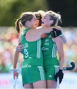 21 August 2022; Sarah Hawkshaw of Ireland is congratulated by team-mate Katie Mullan, left, after scoring their side's seventh goal during the Women's 2022 EuroHockey Championship Qualifier match between Ireland and Turkey at Sport Ireland Campus in Dublin. Photo by Stephen McCarthy/Sportsfile