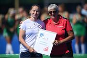21 August 2022; Barbora Cechakova of Czech Republic is presented with the tournmanets Best Goalkeeper Award by Louise Knipe, umpire manager, after the Women's 2022 EuroHockey Championship Qualifier match between Ireland and Turkey at Sport Ireland Campus in Dublin. Photo by Stephen McCarthy/Sportsfile