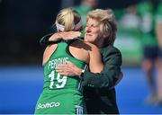 21 August 2022; Hockey Ireland president Ann Rosa with Caoimhe Perdue of Ireland after the Women's 2022 EuroHockey Championship Qualifier match between Ireland and Turkey at Sport Ireland Campus in Dublin. Photo by Stephen McCarthy/Sportsfile