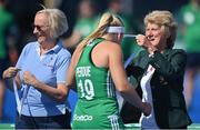 21 August 2022; Hockey Ireland president Ann Rosa with Caoimhe Perdue of Ireland after the Women's 2022 EuroHockey Championship Qualifier match between Ireland and Turkey at Sport Ireland Campus in Dublin. Photo by Stephen McCarthy/Sportsfile