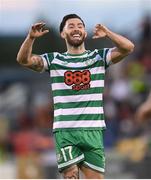 21 August 2022; Richie Towell of Shamrock Rovers celebrates after team-mate Rory Gaffney scored their third goal during the SSE Airtricity League Premier Division match between Shamrock Rovers and Dundalk at Tallaght Stadium in Dublin. Photo by Stephen McCarthy/Sportsfile
