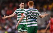 21 August 2022; Gary O'Neill of Shamrock Rovers congratulates Rory Gaffney on scoring their third goal during the SSE Airtricity League Premier Division match between Shamrock Rovers and Dundalk at Tallaght Stadium in Dublin. Photo by Stephen McCarthy/Sportsfile