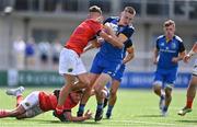20 August 2022; Conor Fahy of Leinster in action against Munster players Ryan Delaney and Eoghan Smyth, bottom, during the U18 Clubs Interprovincial Series 2022 match between Leinster and Munster at Energia Park in Dublin. Photo by Piaras Ó Mídheach/Sportsfile