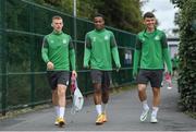 24 August 2022; Shamrock Rovers players, from left, Andy Lyons, Aidomo Emakhu, and Justin Ferizaj before a Shamrock Rovers squad training session at Roadstone Sports Club in Dublin. Photo by Seb Daly/Sportsfile