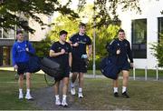 25 August 2022; Leinster players, from left, Rob Russell, Ben Brownlee, Charlie Ryan and John McKee arrive for the start of day one of the Leinster Rugby 12 Counties Tour at Leinster HQ in Dublin. Photo by Harry Murphy/Sportsfile