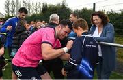 25 August 2022; James Ryan signs autographs during an open training session on day one of the Leinster Rugby 12 Counties Tour at Longford RFC in Longford. Photo by Harry Murphy/Sportsfile