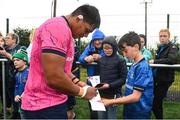 25 August 2022; Michael Ala'alatoa signs autographs during an open training session on day one of the Leinster Rugby 12 Counties Tour at Longford RFC in Longford. Photo by Harry Murphy/Sportsfile