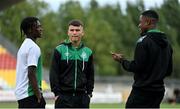 25 August 2022; Shamrock Rovers players, from left, Gideon Tetteh, Justin Ferizaj and Aidomo Emakhu before the UEFA Europa League Play-Off Second Leg match between Shamrock Rovers and Ferencvaros at Tallaght Stadium in Dublin. Photo by Seb Daly/Sportsfile