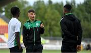 25 August 2022; Shamrock Rovers players, from left, Gideon Tetteh, Justin Ferizaj and Aidomo Emakhu before the UEFA Europa League Play-Off Second Leg match between Shamrock Rovers and Ferencvaros at Tallaght Stadium in Dublin. Photo by Seb Daly/Sportsfile