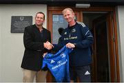 25 August 2022; Head coach Leo Cullen presents a signed jersey to Longford RFC President Donagh McDonnell during an open training session on day one of the Leinster Rugby 12 Counties Tour at Longford RFC in Longford. Photo by Harry Murphy/Sportsfile