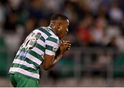 25 August 2022; Aidomo Emakhu of Shamrock Rovers reacts during the UEFA Europa League Play-Off Second Leg match between Shamrock Rovers and Ferencvaros at Tallaght Stadium in Dublin. Photo by Seb Daly/Sportsfile