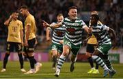 25 August 2022; Andy Lyons of Shamrock Rovers celebrates after scoring his side's first goal during the UEFA Europa League Play-Off Second Leg match between Shamrock Rovers and Ferencvaros at Tallaght Stadium in Dublin. Photo by Eóin Noonan/Sportsfile