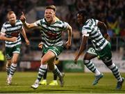 25 August 2022; Andy Lyons of Shamrock Rovers celebrates after scoring his side's first goal during the UEFA Europa League Play-Off Second Leg match between Shamrock Rovers and Ferencvaros at Tallaght Stadium in Dublin. Photo by Eóin Noonan/Sportsfile