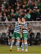 25 August 2022; Lee Grace, left, and Sean Hoare of Shamrock Rovers after their side's victory in the UEFA Europa League Play-Off Second Leg match between Shamrock Rovers and Ferencvaros at Tallaght Stadium in Dublin. Photo by Seb Daly/Sportsfile