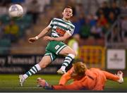 25 August 2022; Andy Lyons of Shamrock Rovers has a shot on goal svaed by Ádám Bogdán of Ferencváros during the UEFA Europa League Play-Off Second Leg match between Shamrock Rovers and Ferencvaros at Tallaght Stadium in Dublin. Photo by Eóin Noonan/Sportsfile