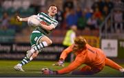 25 August 2022; Andy Lyons of Shamrock Rovers has a shot on goal svaed by Ádám Bogdán of Ferencváros during the UEFA Europa League Play-Off Second Leg match between Shamrock Rovers and Ferencvaros at Tallaght Stadium in Dublin. Photo by Eóin Noonan/Sportsfile