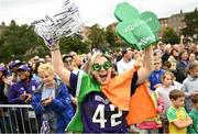 26 August 2022; Northwestern Wildcats supporter Steph Santa from Chicago during the pep-rally at Merrion Square in Dublin ahead of the the Aer Lingus College Football Classic 2022 match between Northwestern Wildcats and Nebraska Cornhuskers. Photo by David Fitzgerald/Sportsfile
