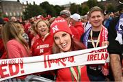 26 August 2022; Nebraska Cornhuskers supporter Allison Hoover during the pep-rally at Merrion Square in Dublin ahead of the the Aer Lingus College Football Classic 2022 match between Northwestern Wildcats and Nebraska Cornhuskers. Photo by David Fitzgerald/Sportsfile