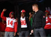 26 August 2022; Nebraska Cornhuskers players with coach Scott Frost during the pep-rally at Merrion Square in Dublin ahead of the the Aer Lingus College Football Classic 2022 match between Northwestern Wildcats and Nebraska Cornhuskers. Photo by David Fitzgerald/Sportsfile