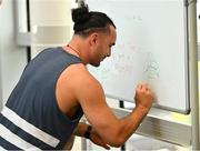26 August 2022; James Lowe draws a picture during a gym session on day two of the Leinster Rugby 12 Counties Tour at the South East Technological University in Carlow. Photo by Harry Murphy/Sportsfile